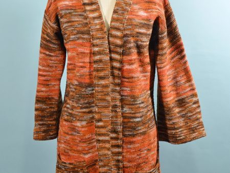 Vintage 70s Orange Boho Cardigan Tunic Sweater, Space Dyed M For Sale