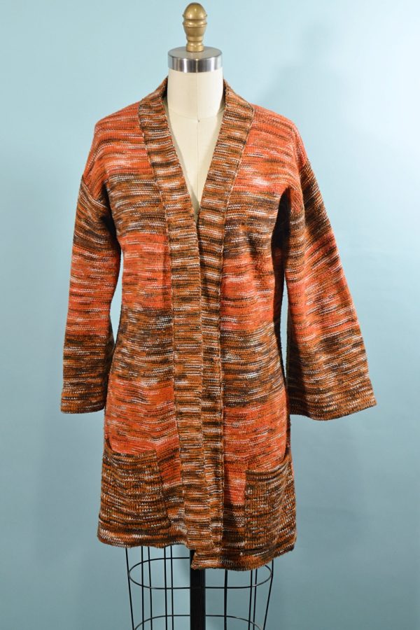 Vintage 70s Orange Boho Cardigan Tunic Sweater, Space Dyed M For Sale