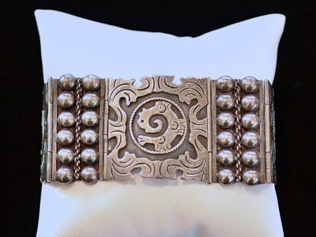 Vintage 925 Sterling Silver Ethnic Mexican Silver Bracelet, Mayan Aztec Bracelet Signed CF Hot on Sale