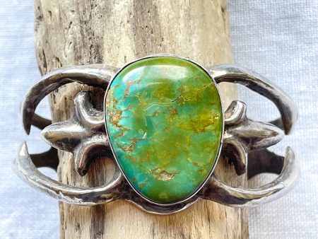 Vintage Navajo Sand Cast Silver Turquoise Cuff Bracelet, 42.4 Grams Hot on Sale