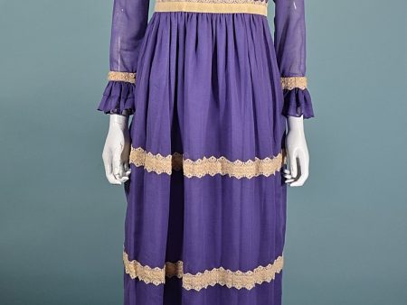 Vintage 60s 70s Mod Purple Empire Waist Maxi Dress, Lace Ruffle Details XS Supply