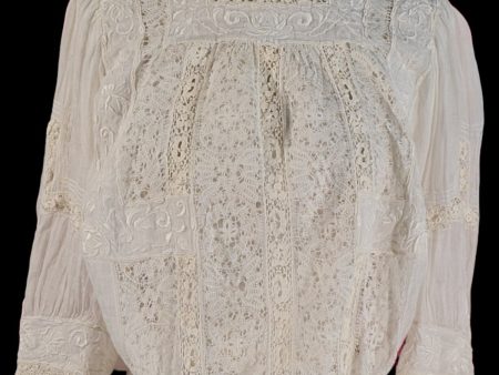 Antique Edwardian Victorian Crochet Lace Embroidered Blouse XXS, Study, Display, Costume For Discount