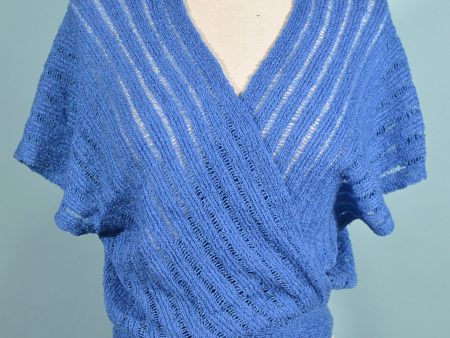 60s 70s Blue Knit Crop Top, Wrap Front M Sale