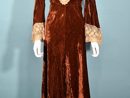 Velvet Victorian Maxi Dress, Rust Velvet Hand Crochet Lace, Gothic Romance Dress XS on Sale