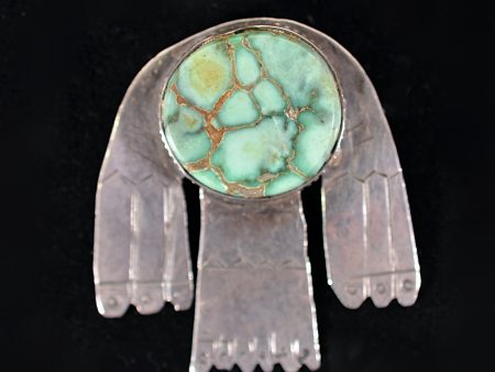 Rare Vintage 1930s Easter Blue Mine Turquoise, Primitive Thunderbird Brooch on Sale