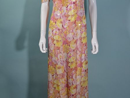 Vintage 1930s Sheer Floral Print Maxi Dress Puff Sleeves For Discount