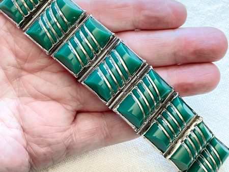 Vintage Del Rio Mexican Silver + Green Onyx Bracelet, 76.9 Grams Fashion