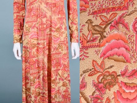 Vintage 70s Maxi Dress Long Sleeves, Asian Print Birds Flowers & Pagodas Supply