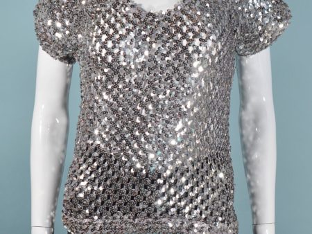 Vintage 60s 70s Silver Sequin Short Sleeve Disco Era Atomic Top S Online