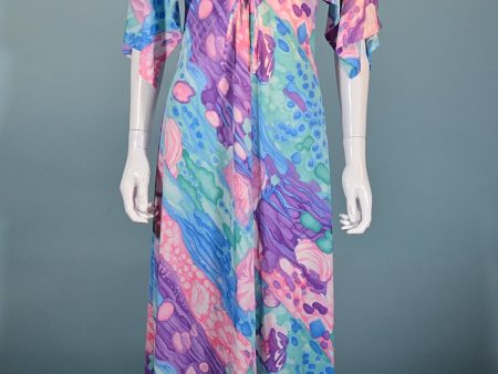 Vintage 70s Flutter Sleeve Psychedelic Pattern Maxi Dress S For Cheap