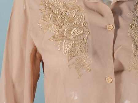 Vintage 70s Taupe Embroidered Blouse Hot on Sale