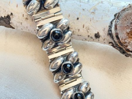 Vintage Mexican 925 Sterling Silver Onyx Bracelet, Hallmarked 39.2 Grams Online now