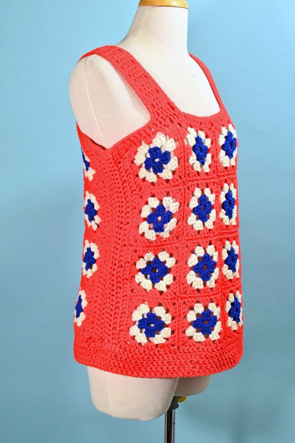 Vintage 70s Granny Square Crochet Top, Americana Cottagecore Handmade OOAK Vest For Cheap