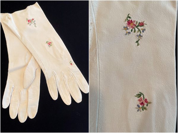 SOLD Vintage Embroidered White Kid Leather Gloves, SZ 7 For Discount