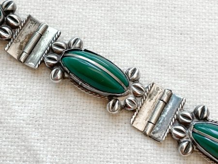 Vintage Mexican Sterling Silver Green Onyx Delicate Bracelet 18.0 Grams on Sale