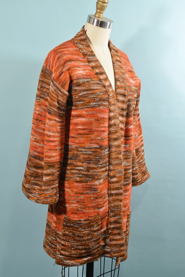 Vintage 70s Orange Boho Cardigan Tunic Sweater, Space Dyed M For Sale