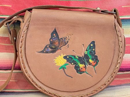 Vintage Hand Tooled Leather Hand Painted Handbag, Butterflies, OOAK Cheap