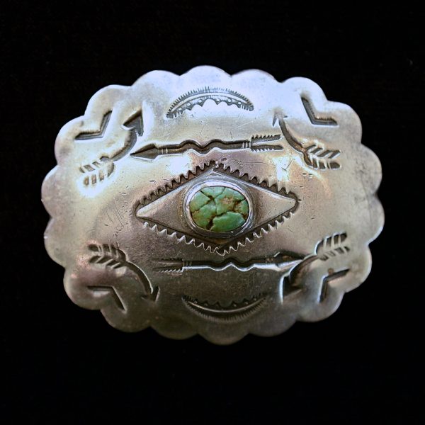 Vintage Native American Stamped Brooch, Silver Turquoise Concho Pin Cheap