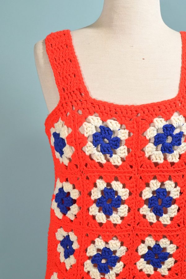 Vintage 70s Granny Square Crochet Top, Americana Cottagecore Handmade OOAK Vest For Cheap