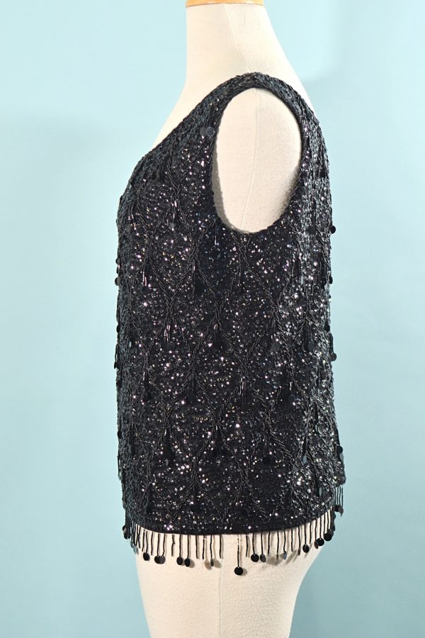 Vintage Black Sequin Beaded Top, 60s GO GO Sparkle Top Online Sale