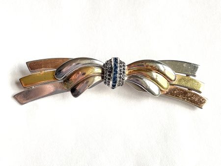 Vintage Art Deco Brooch, Tri-Color Metal with Glass Stone Insets Sale