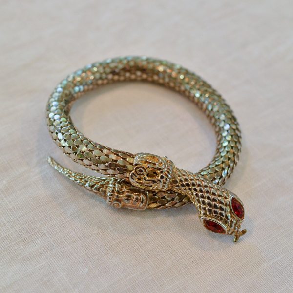 Vintage 70s Gold Tone Snake Coil Bracelet, Red Eyes M Fashion