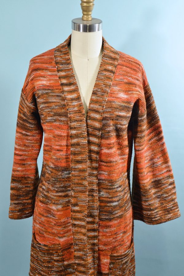 Vintage 70s Orange Boho Cardigan Tunic Sweater, Space Dyed M For Sale