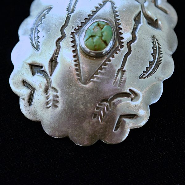 Vintage Native American Stamped Brooch, Silver Turquoise Concho Pin Cheap