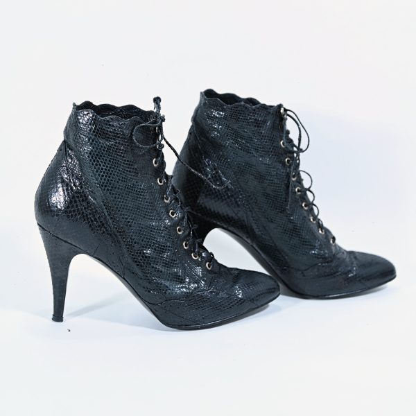 Vintage Black Snakeskin Ankle Boots, Sexy Goth Witchy High Heel Booties, The Wild Pair 8.5 Online now