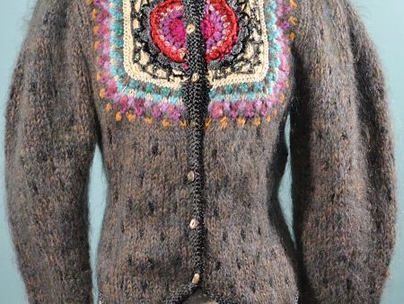 Vintage 70s 80s Fitted Embroidered Artisan Crochet Sweater, Boho Puff Sleeve Top S Online Sale