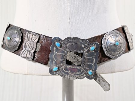 Mid 20th Century Navajo Concho Belt, Silver Turquoise Native American Belt 34 L, 411 Grams Online Hot Sale