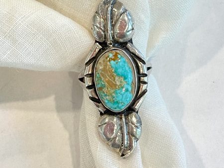 Vintage Silver Turquoise Ring, Southwestern Native American Leaf Ring Size 5 3 4 Hot on Sale