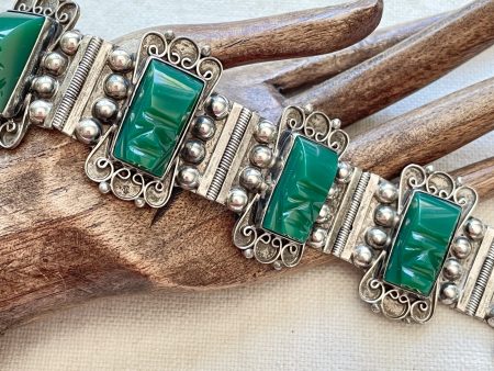 Vintage 40s Mexican Sterling Silver Bracelet Green Onyx Stone, Carved Tribal Mask 65 Grams Online Sale