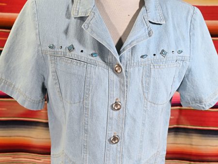 Vintage 80s Denim Top, Studded Western Style Cropped Top S Sale