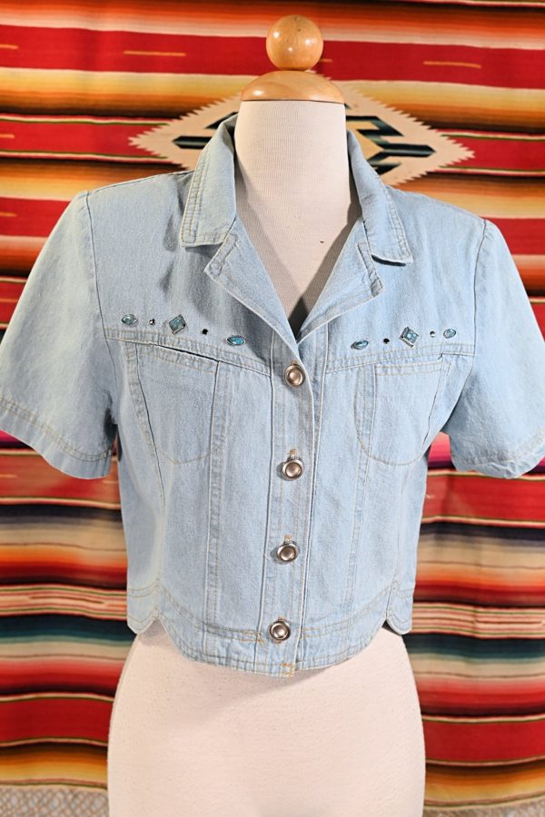 Vintage 80s Denim Top, Studded Western Style Cropped Top S Sale