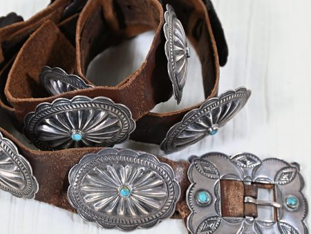 1930s Navajo Concho Belt, Hand Stamped Silver Turquoise Native American Belt, 31  L For Discount