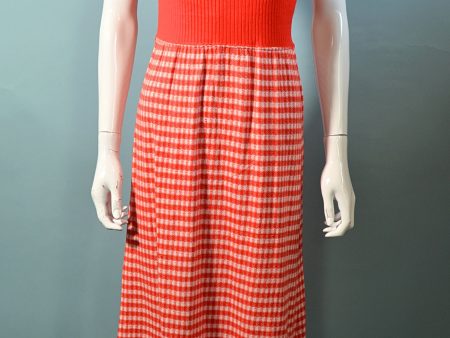 1960s Red Gingham Cottagecore Knit Midi Dress M For Cheap