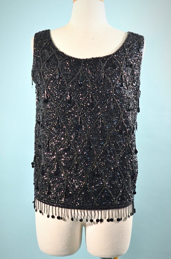 Vintage Black Sequin Beaded Top, 60s GO GO Sparkle Top Online Sale