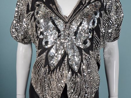 Vintage 70s Sequin Butterfly Top, Silver Boho Disco Art Deco Party Top on Sale