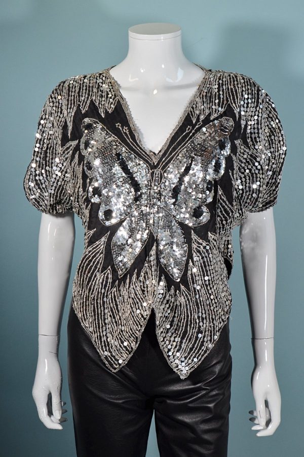 Vintage 70s Sequin Butterfly Top, Silver Boho Disco Art Deco Party Top on Sale