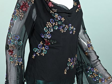 90s Black Angel Sleeve Silk Blouse, Y2K Sequin Flowers Boho Party Top Cheap