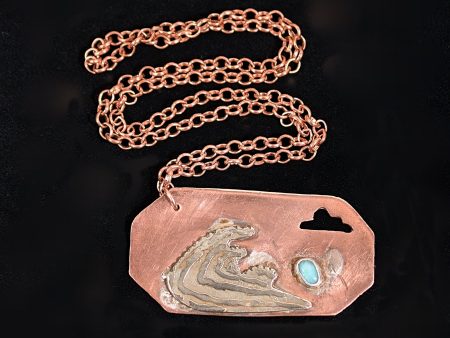 Copper & Mixed Metal Dogtag Necklace, Modernist Abstract Artisan Hand Crafted + Blue Stone Hot on Sale