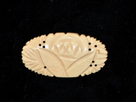 Vintage Cream Color Carved Bone Brooch, Floral Pattern Discount