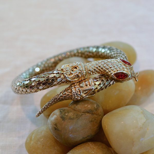 Vintage 70s Gold Tone Snake Coil Bracelet, Red Eyes M Fashion