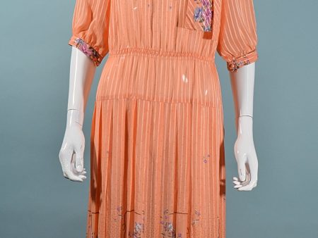 Vintage 70s Does 30s Floral Print Dress, Peach Semi Sheer Dress M on Sale