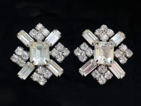 Vintage Statement Rhinestone Earrings, MCM Sparkle Clip Back Earrings Cheap