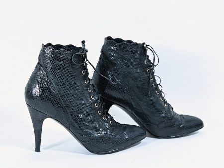 Vintage Black Snakeskin Ankle Boots, Sexy Goth Witchy High Heel Booties, The Wild Pair 8.5 Online now