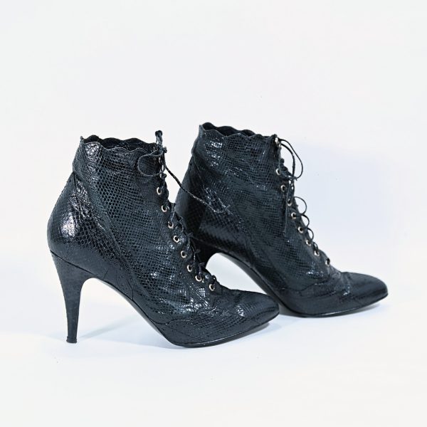 Vintage Black Snakeskin Ankle Boots, Sexy Goth Witchy High Heel Booties, The Wild Pair 8.5 Online now