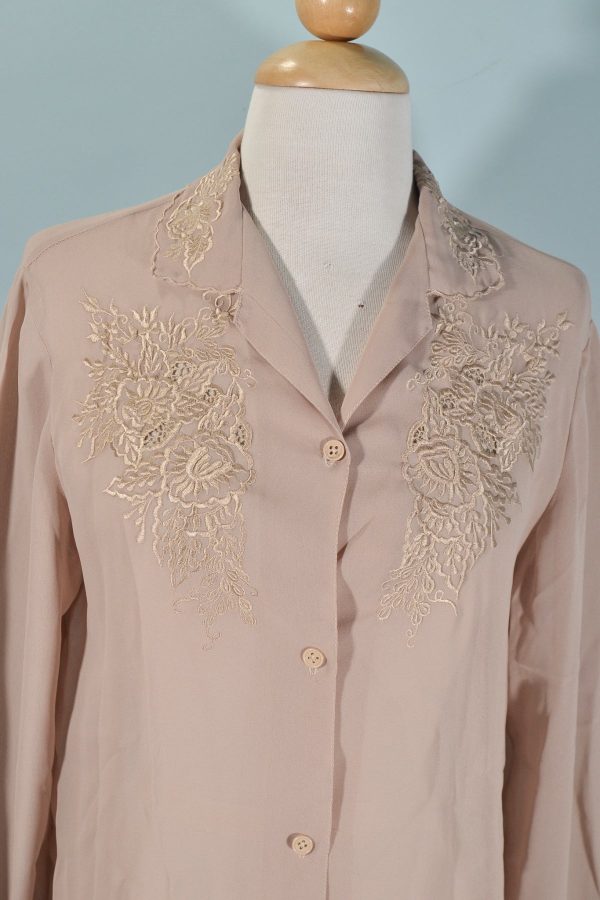 Vintage 70s Taupe Embroidered Blouse Hot on Sale