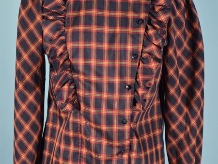 Vintage Ruffled Plaid Prairie Blouse, Victorian Style Cottagecore Top For Cheap